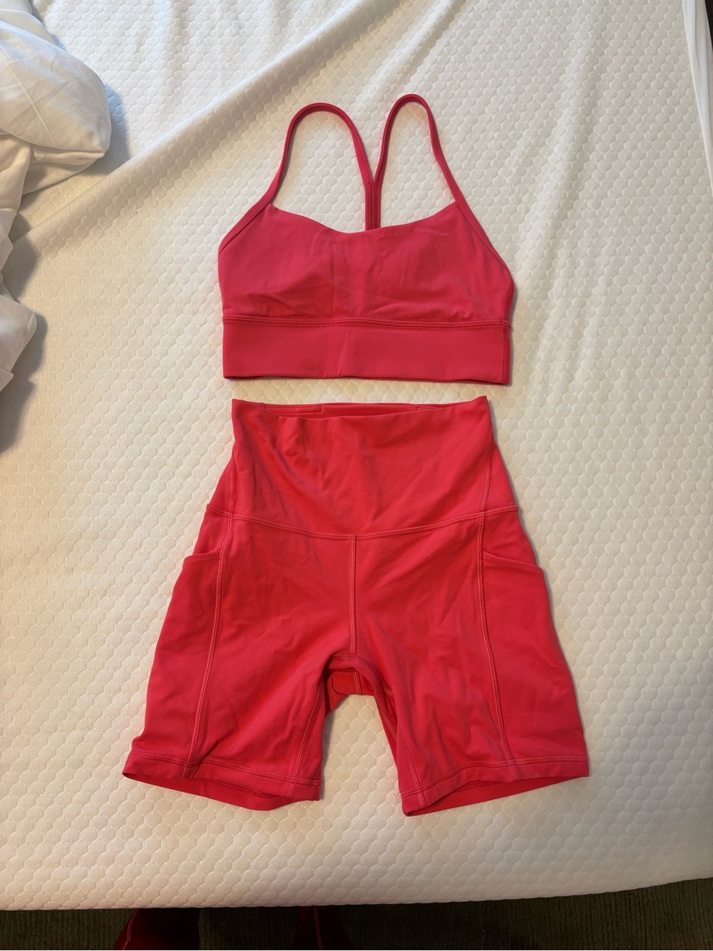 Lulu Lemon Hot Pink Matching Set Bra and Biker Shorts with Pockets